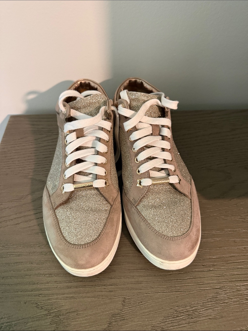 Jimmy Choo Beige Glitter Suede Sneakers